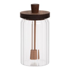 Медовниця скляна з бамбуковою кришкою 850 мл ребриста
