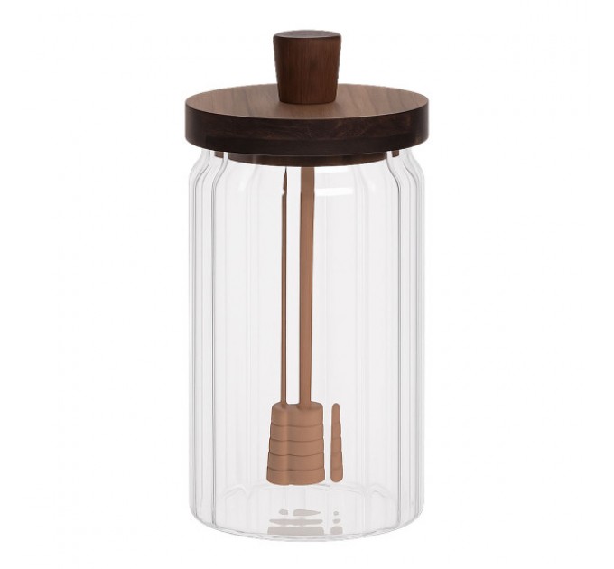 Медовниця скляна з бамбуковою кришкою 850 мл ребриста