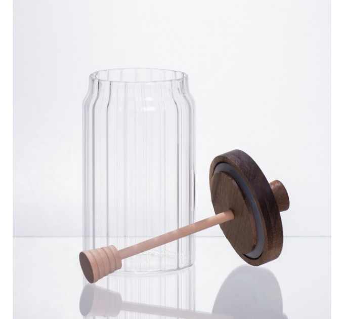 Медовниця скляна з бамбуковою кришкою 850 мл ребриста