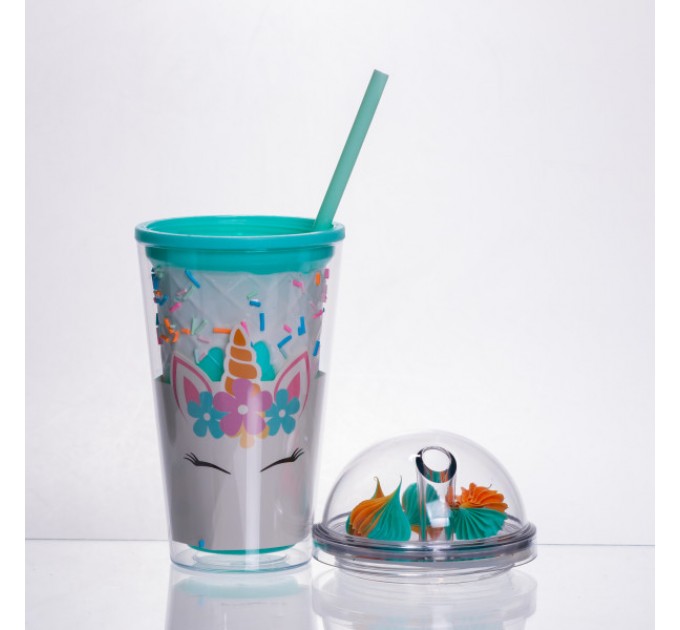 Склянка багаторазова Єдиноріг з кришкою та трубочкою, бірюзовий