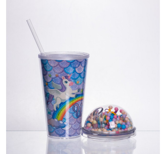 Склянка багаторазова Єдиноріг з кришкою та трубочкою, блакитний