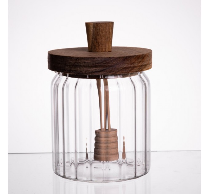 Медовница стеклянная с бамбуковой крышкой 500 мл ребриста