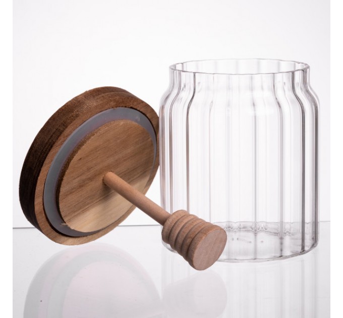 Медовница стеклянная с бамбуковой крышкой 500 мл ребриста