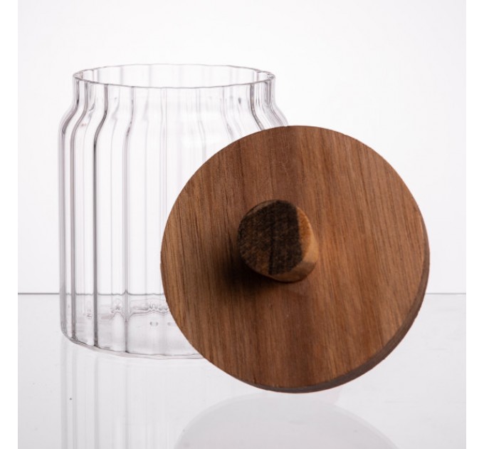 Медовница стеклянная с бамбуковой крышкой 500 мл ребриста