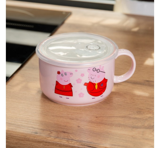 Миска для локшини порцелянова Smiley 770 мл з герметичною кришкою, рожевий