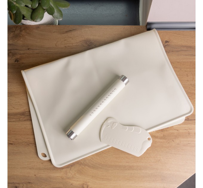 Набір кондитера 3 в 1 килимок силіконовий/шпатель/качалка для тіста, бежевий