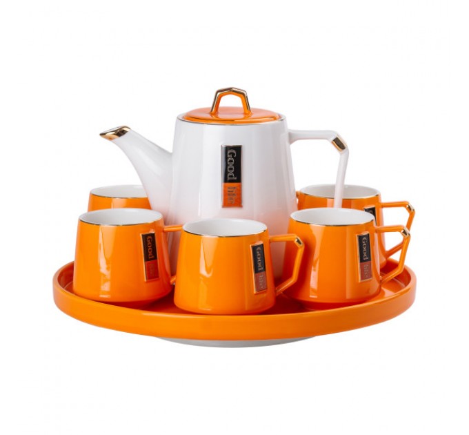 Чайний сервіз Good Life керамічний на 6 персон на поворотній підставці, помаранчевий
