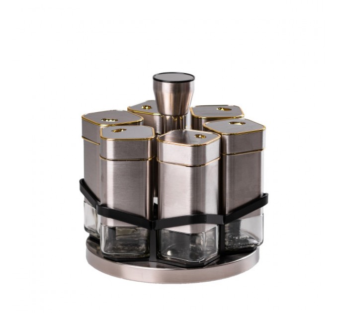 Набір ємностей для спецій на підставці 6 баночок по 120 мл, хром із золотом