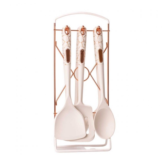 Набор кухонных принадлежностей 6 штук на подставке, белый мрамор