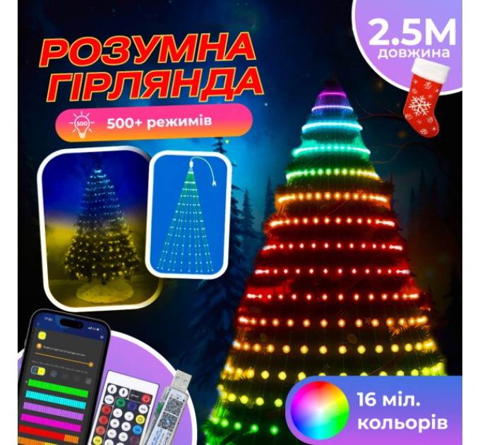 Розумна гірлянда Smart 250 LED довжина 2,5 м з керуванням смартфона прозора, мультиколор