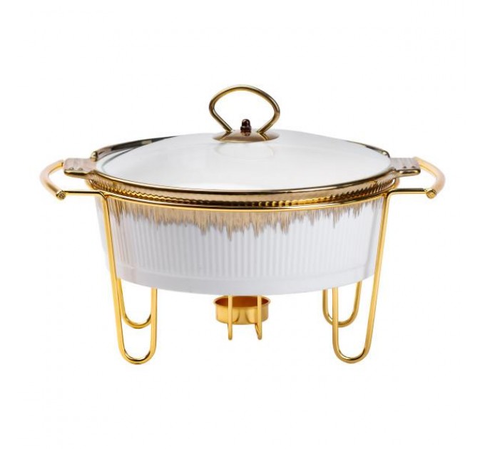 Мармитница керамическая 1.5 л круглая со стеклянной крышкой на подставке, белый