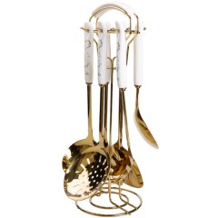 Набор кухонных принадлежностей 6 штук с керамической ручкой на подставке, золото