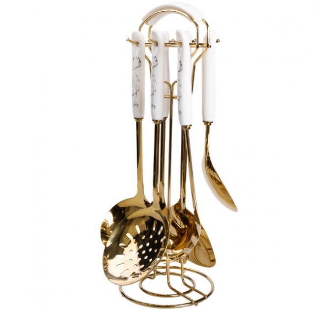 Набор кухонных принадлежностей 6 штук с керамической ручкой на подставке, золото Набор кухонных принадлежностей 6 штук с керамической ручкой на подставке, золото