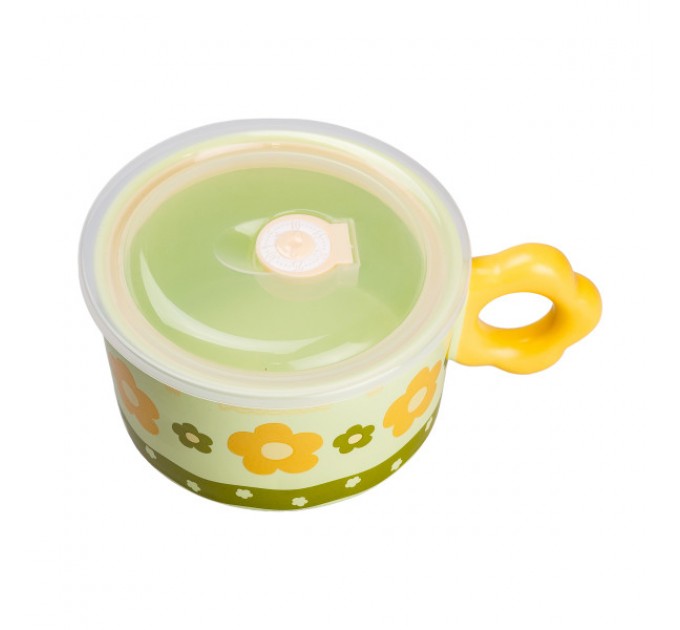 Миска для локшини порцелянова Flowers 750 мл з герметичною кришкою, зелений