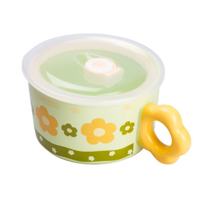 Миска для локшини порцелянова Flowers 750 мл з герметичною кришкою, зелений