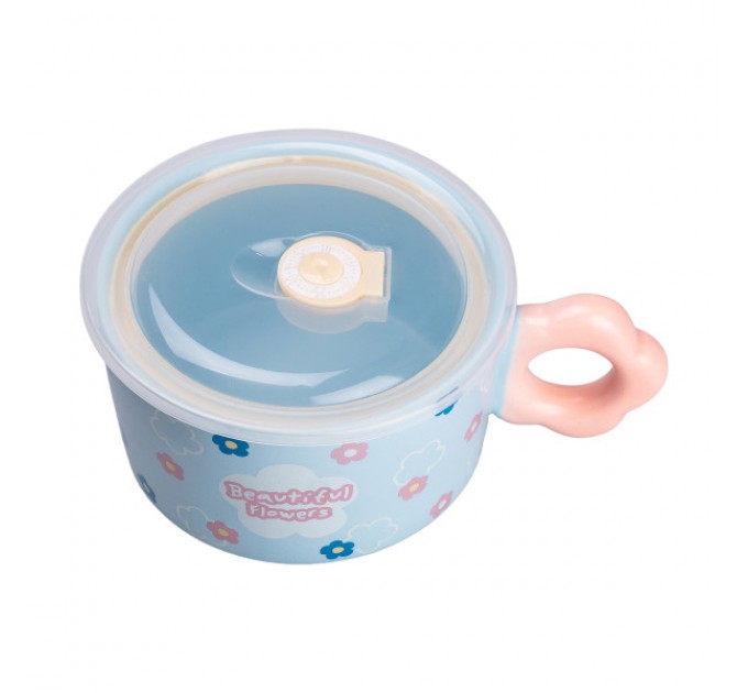 Миска для локшини порцелянова Flowers 750 мл з герметичною кришкою, блакитний