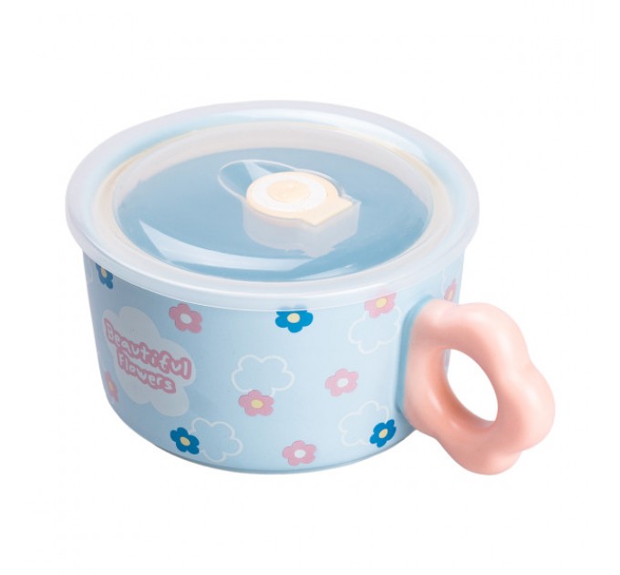 Миска для локшини порцелянова Flowers 750 мл з герметичною кришкою, блакитний