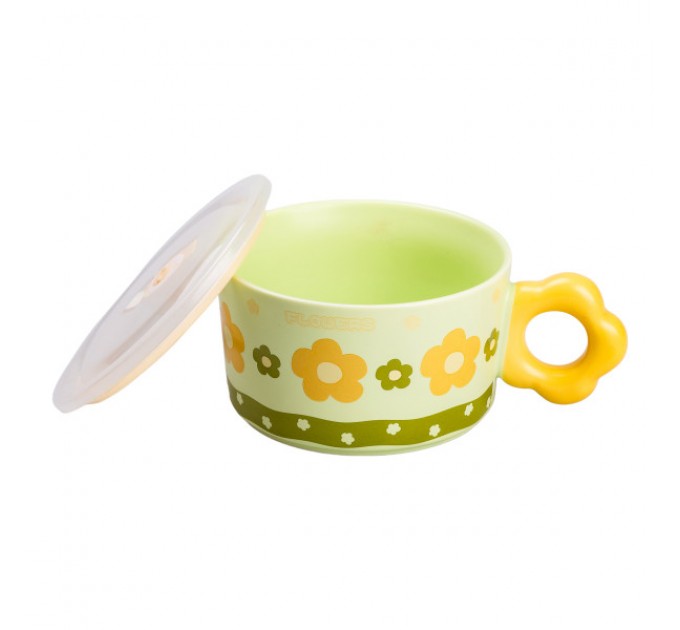 Миска для локшини порцелянова Flowers 750 мл з герметичною кришкою, зелений