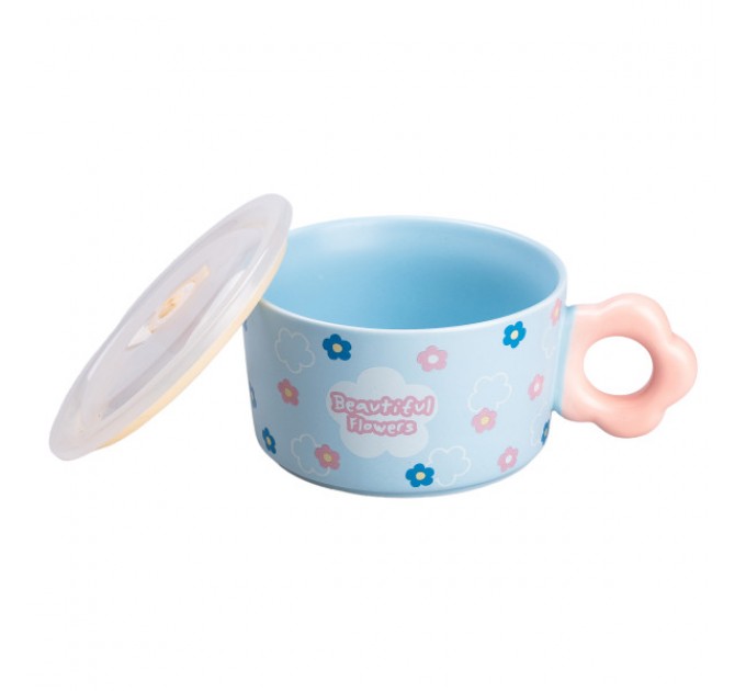 Миска для локшини порцелянова Flowers 750 мл з герметичною кришкою, блакитний