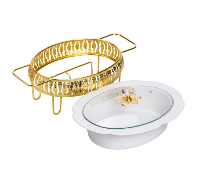 Мармитница фарфоровая овальная 1.2 л на золотистой подставке с подогревом, белый.