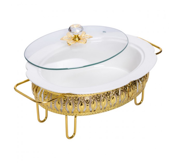 Мармитница фарфоровая овальная 1.2 л на золотистой подставке с подогревом, белый.