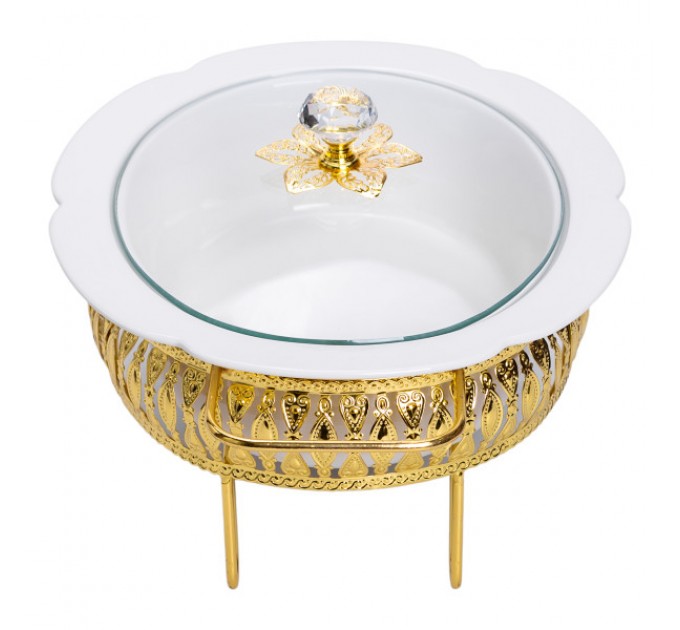 Мармитница фарфоровая овальная 1.2 л на золотистой подставке с подогревом, белый.