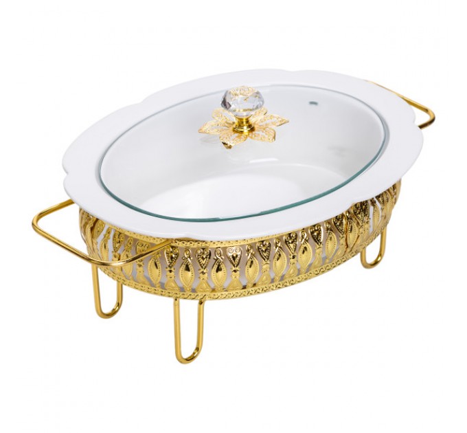 Мармитница фарфоровая овальная 1.2 л на золотистой подставке с подогревом, белый.