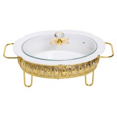 Мармітниця порцелянова овальна 1.2 л на золотистій підставці з підігрівом, білий