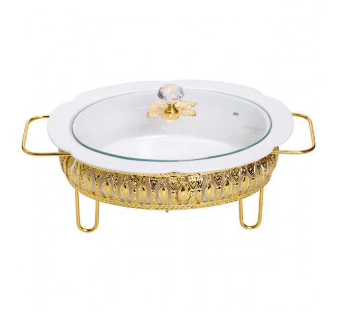 Мармитница фарфоровая овальная 1.2 л на золотистой подставке с подогревом, белый.