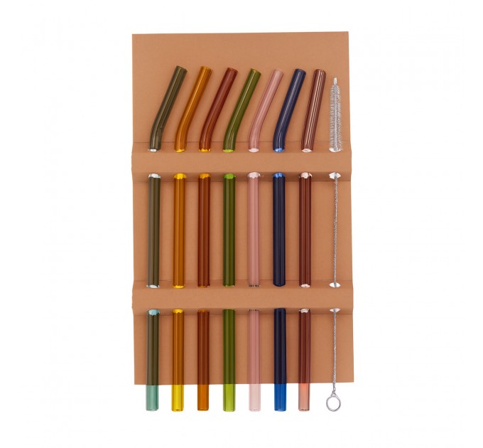 Набір скляних соломинок 19.5 см 8 штук + щіточка, різні кольори