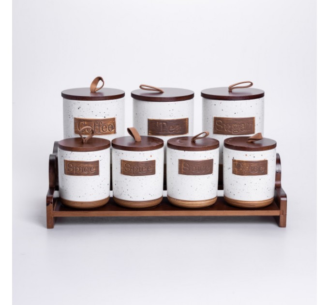 Набір банок для сипучих продуктів 7 штук по 300/800 мл на бамбуковій підставці, бежевий