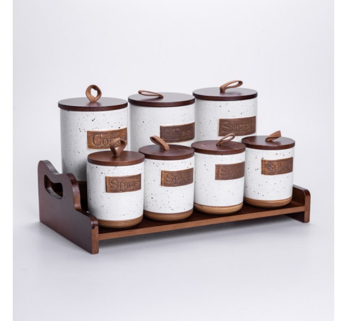 Набір банок для сипучих продуктів 7 штук по 300/800 мл на бамбуковій підставці, бежевий