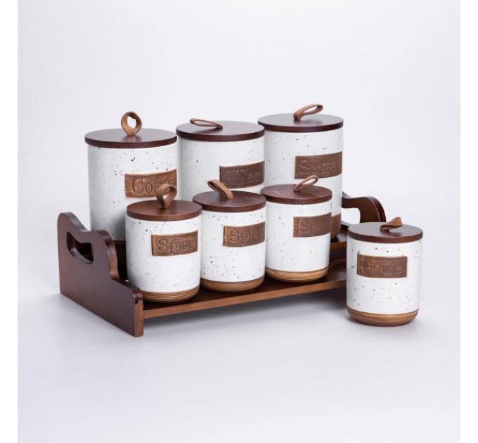 Набір банок для сипучих продуктів 7 штук по 300/800 мл на бамбуковій підставці, бежевий