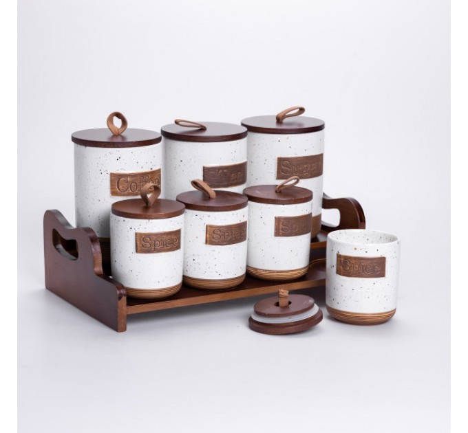 Набір банок для сипучих продуктів 7 штук по 300/800 мл на бамбуковій підставці, бежевий