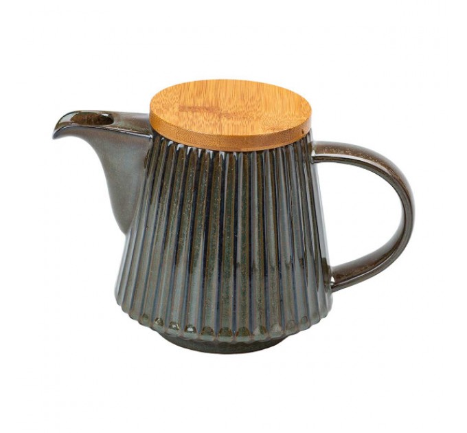 Чайник заварювальний керамічний з бамбуковою кришкою 850 мл, зелений з коричневим