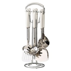 Набір кухонного приладдя 6 штук з керамічною ручкою на підставці, хром Набір кухонного приладдя 6 штук з керамічною ручкою на підставці, хром