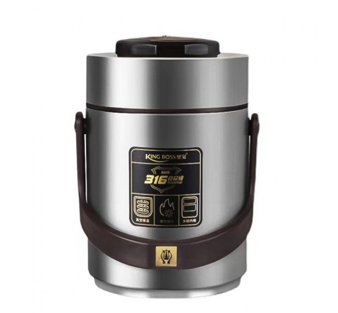 Термос для їжі King Boss 1,5 л з двома контейнерами із нержавіючої сталі, срібло