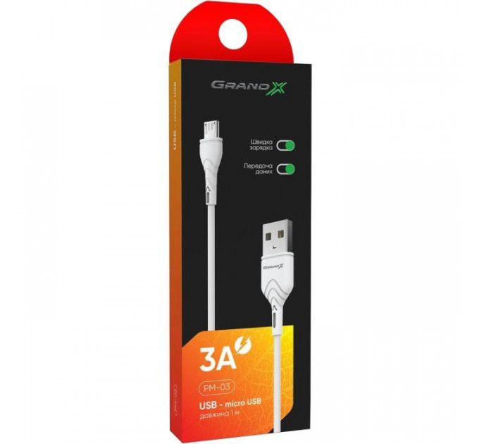 Дата кабеля USB 2.0 AM to Micro 5P 1.0m Grand-X (PM-03W)