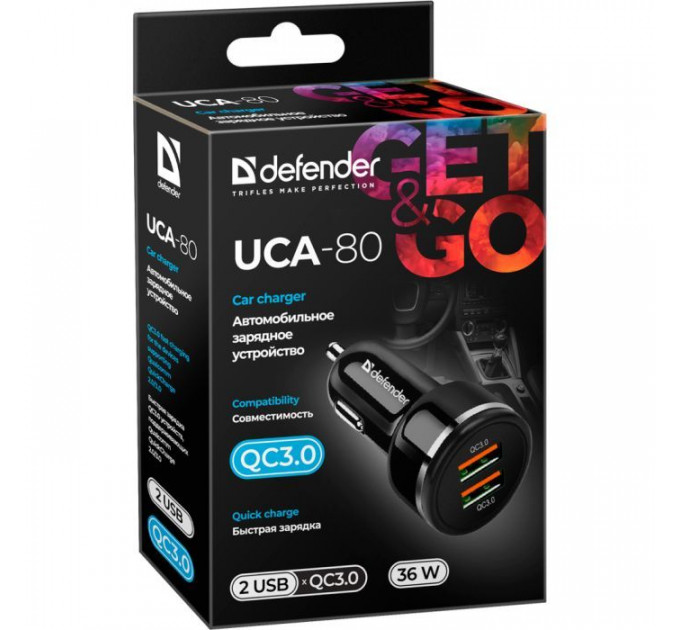 Зарядний пристрій Defender UCA-80 black, 2xUSB, QC3.0, 36W (83832)