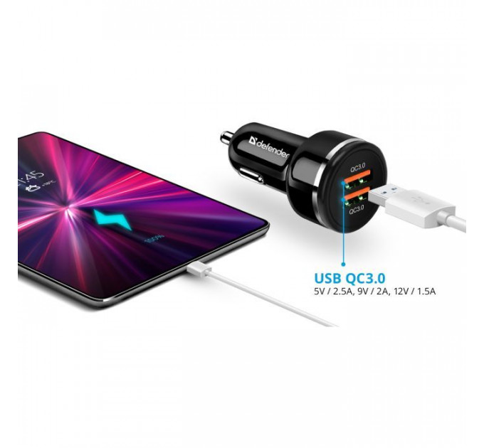 Зарядний пристрій Defender UCA-80 black, 2xUSB, QC3.0, 36W (83832)