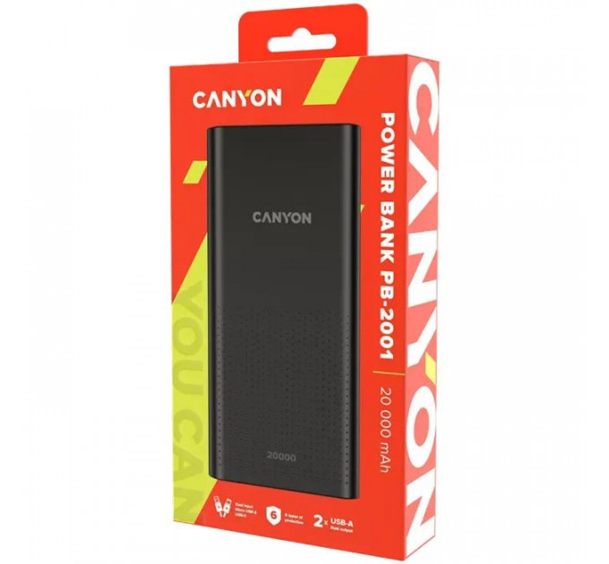 Батарея універсальна Canyon 20000mAh, Input 5V\/2A, Output 5V\/2.1A(Max), Black (CNE-CPB2001B)