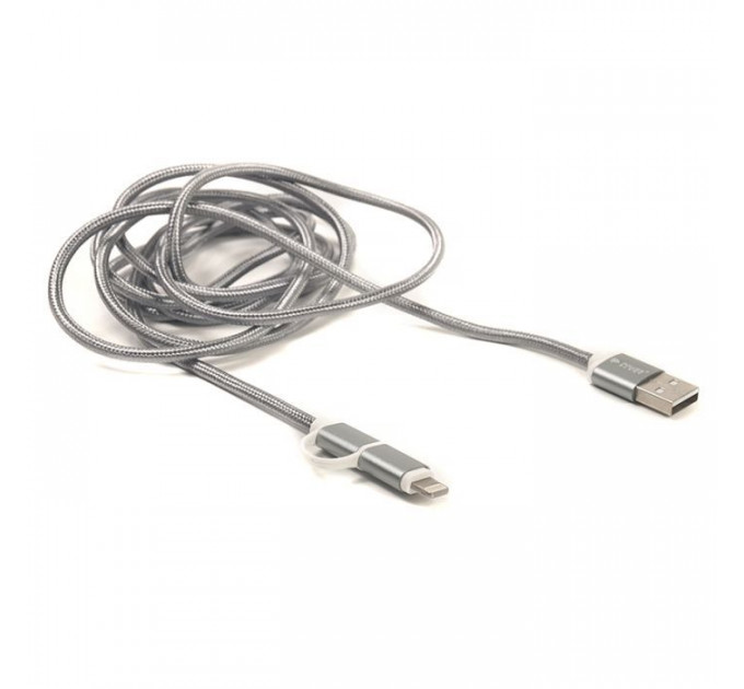 Дата кабель USB 2.0 AM to Lightning + Micro 5P 2.0m 2A cotton grey PowerPlant (CA910496)