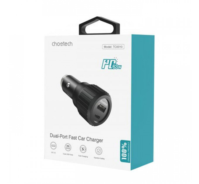 Зарядний пристрій Choetech car USB-A\/USB-C 63W QC3.0\/PD\/PPS black (TC0010-BK)