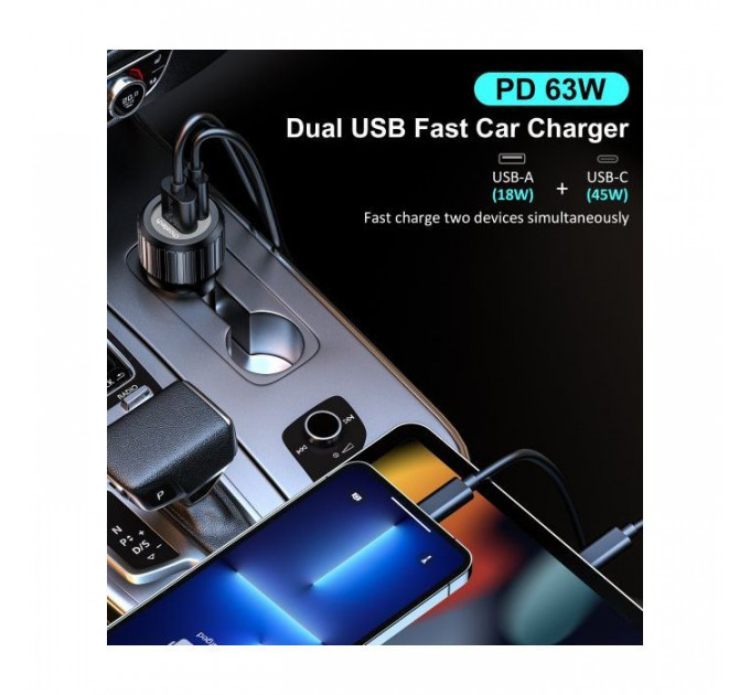 Зарядний пристрій Choetech car USB-A\/USB-C 63W QC3.0\/PD\/PPS black (TC0010-BK)