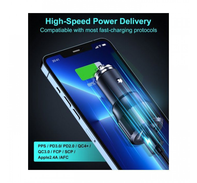 Зарядний пристрій Choetech car USB-A\/USB-C 63W QC3.0\/PD\/PPS black (TC0010-BK)