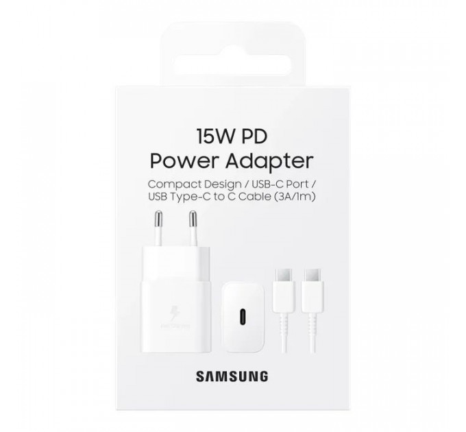 Зарядное устройство для Samsung USB-С 15W White + Cable USB-C 1m (EP-T1510XWEGEU)