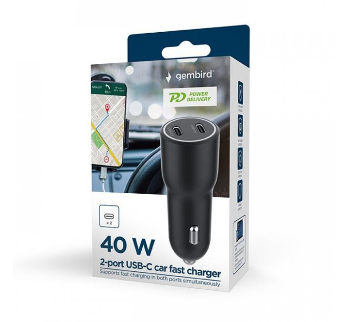 Зарядное устройство для Gembird 2xUSB-C (PD 20W) black (TA-UC-C2PD40-CAR-01)