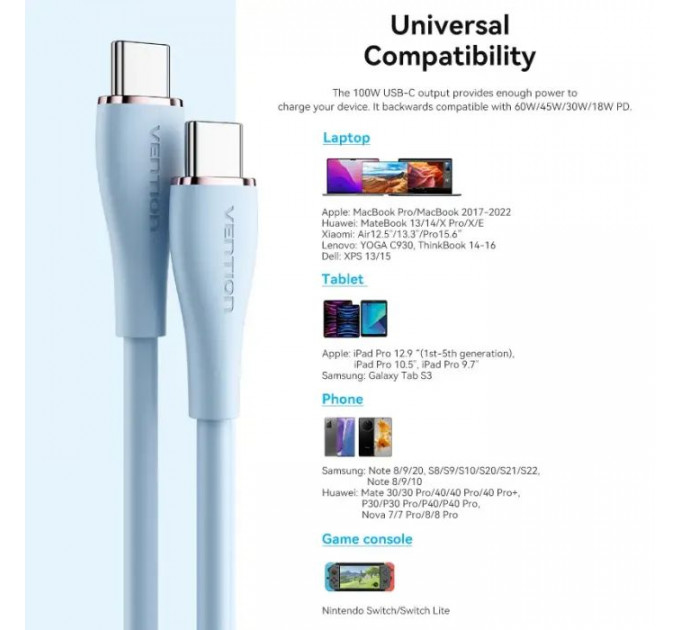 Дата кабель USB-C to USB-C 1.0m USB2.0 100W (20V\/5A) Light Blue Silicone VENTION (TAWSF)