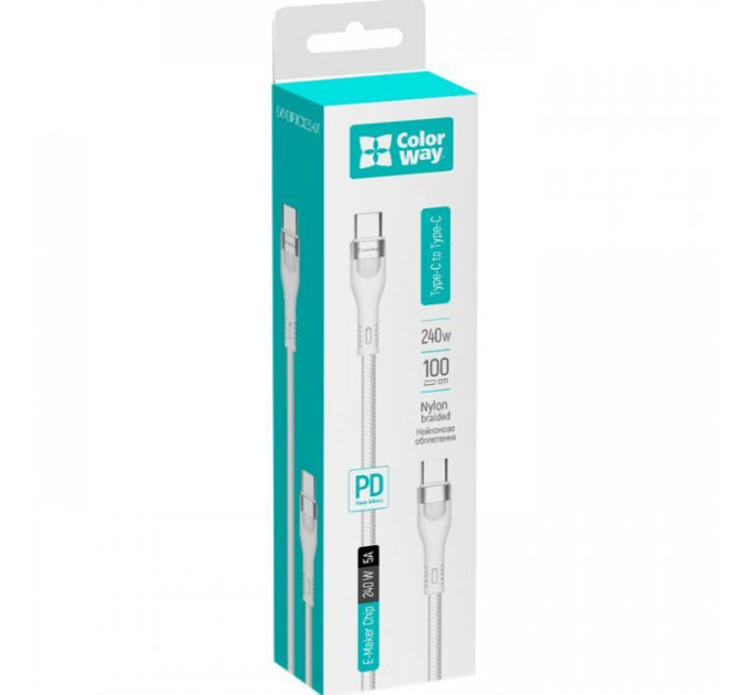 Дата кабеля USB-C to USB-C 1.0m (PD Fast Charging 240W) 5А white ColorWay (CW-CBPDCC065-WT)