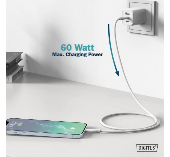 Дата кабель USB-C to Lightning 2.0m USB 2.0 60W silicone white Digitus (AK-600110-020-W)